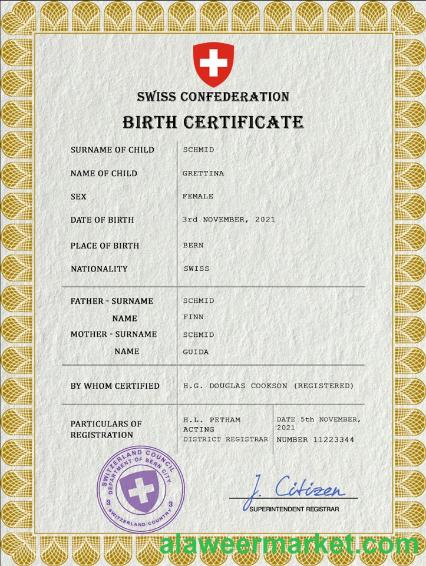 Switzerland vital record birth certificate PSD template